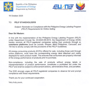 [Important Notice] The Philippine Department of Energy Issues Official Letter: Compliance with Energy Efficiency Labels on E-Commerce Platforms Has Become an Enforcement Priority